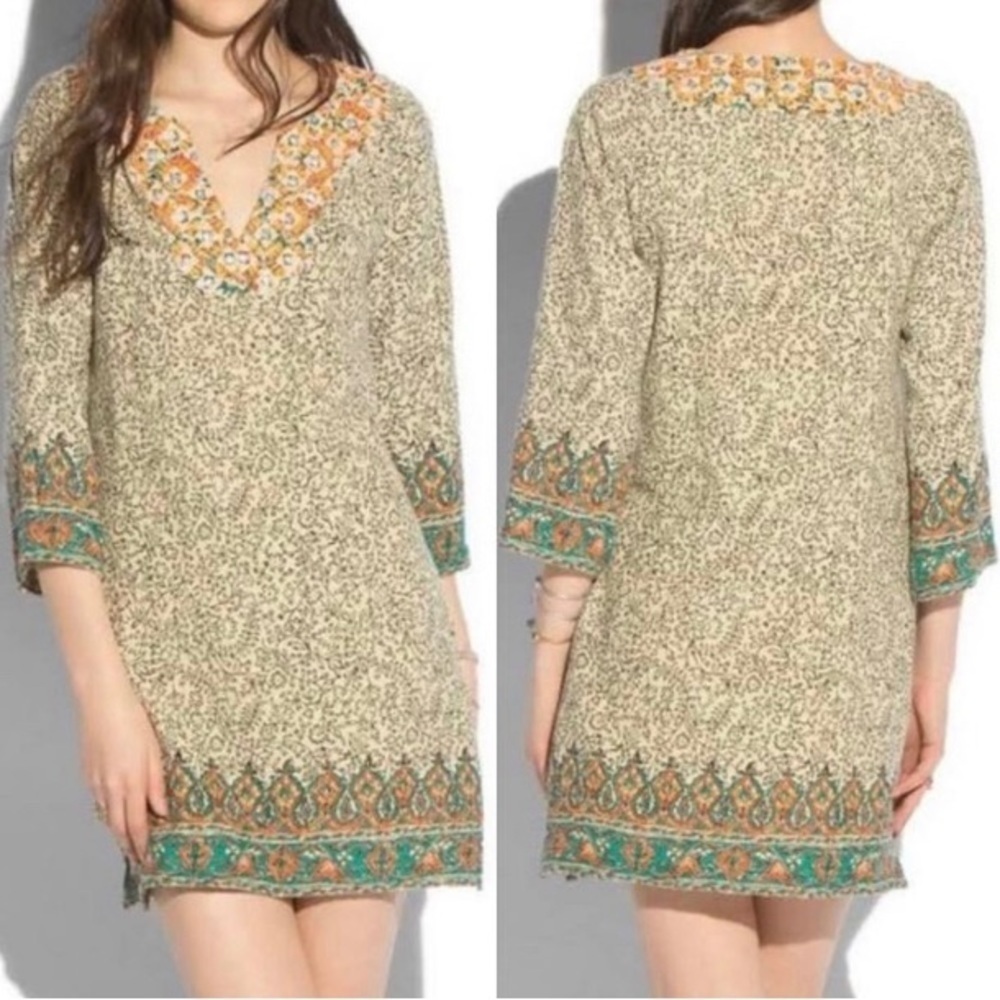Lucky Brand Dress Tunic Paisley Embellished V-Neck Size XS